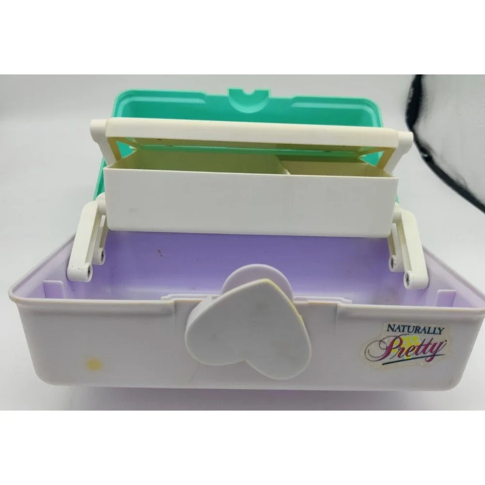Vintage Naturally Pretty Cosmetics Case Travel Storage Jewelry Teal White Heart
